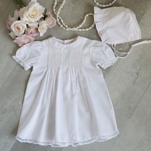 Pink Dress Vintage Heirloom with Lace Embroidery Size 3 Months Matching Bonnet